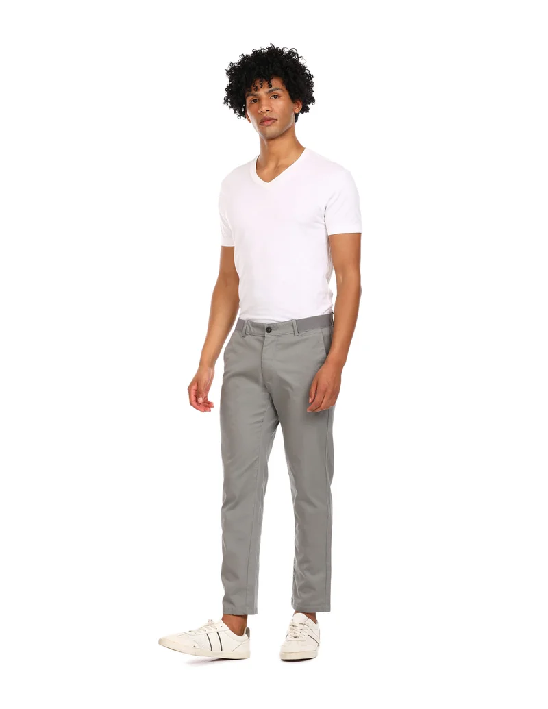 Arrow Grey Mid Rise Solid Casual Trousers for Men | Best Price UAE