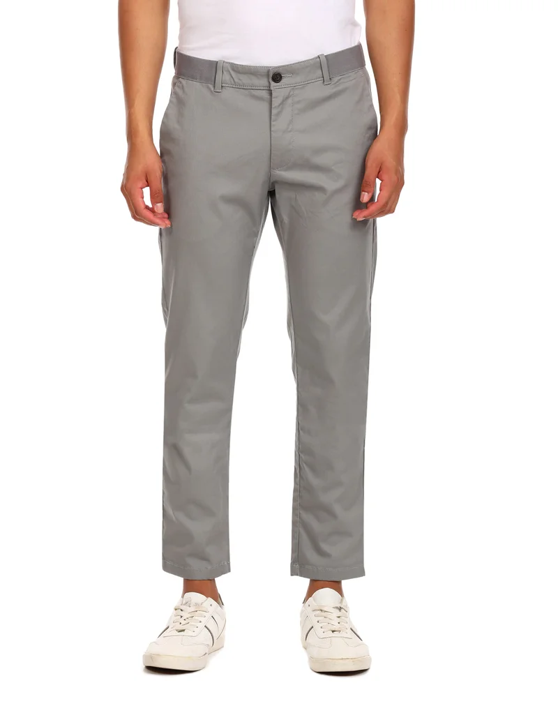 Arrow Grey Mid Rise Solid Casual Trousers for Men | Best Price UAE