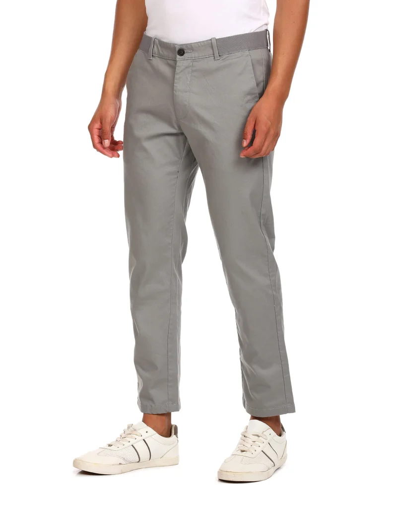 Arrow Grey Mid Rise Solid Casual Trousers for Men | Best Price UAE