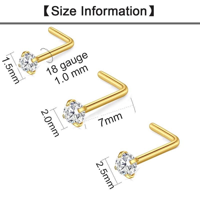 Longita Nose Studs 18g Nose Stud 18 gauge Nose piercing Stud Nose Ring Nose Screw Nose Bone Tiny Small Nose Stud Diamond Nose Jewelry Gold 1.5mm 2mm 2.5mm - Image 2