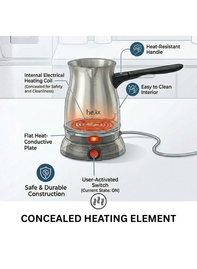 HEJIX Turkish Coffee Maker, 0.5L, 600W, Stainless Steel Body, 360° Rotating Base, Concealed Heating Element, Portable Electric Kettle, Fast Boil Electric Kettle with Indicator Light – HX404 - Image 5