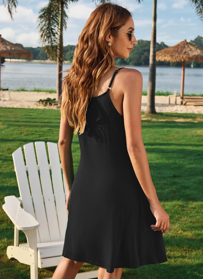 MISFAY Women's Summer Spaghetti Strap Casual Swing Tank Beach Cover Up Dress with Pockets(Black,S) - Image 4