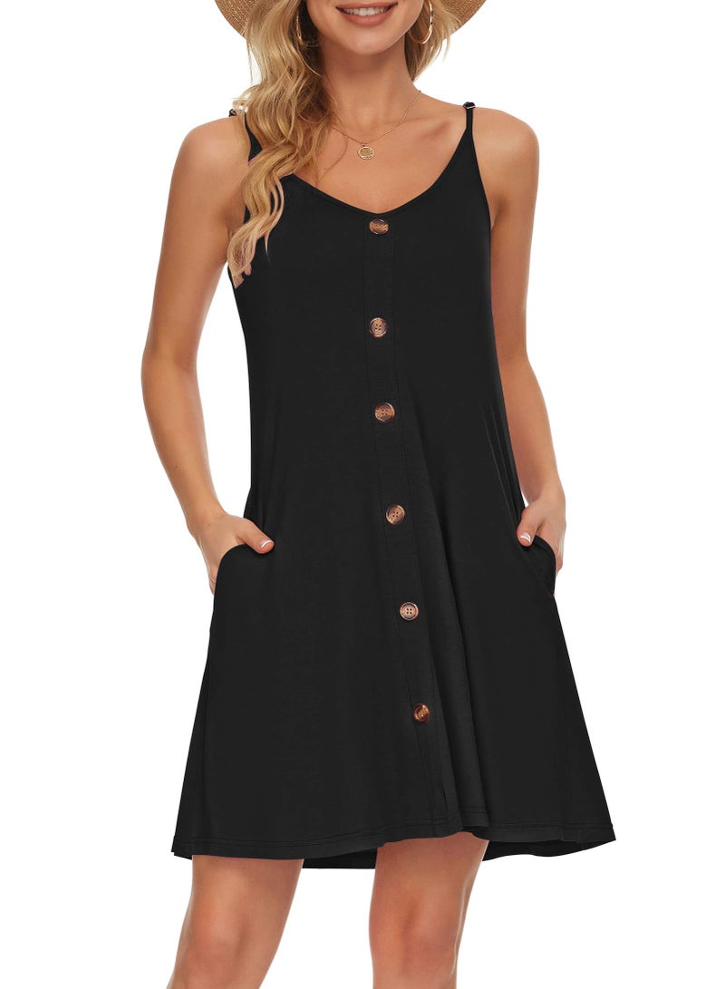 MISFAY Women's Summer Spaghetti Strap Casual Swing Tank Beach Cover Up Dress with Pockets(Black,S) - Image 1