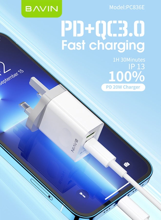 BAVIN 2 in 1 20W Dual Port USB Fast Charger Plug Compact Smart Travel Wall Charger, 2-Port PD 20W USB C QC3.0 Power Adapte, USB C Charger For iPhone 15/15 Pro/15 Pro Max/14/13/12, iPad Pro / AirPods, And More USB-C Cable Included White - Image 1