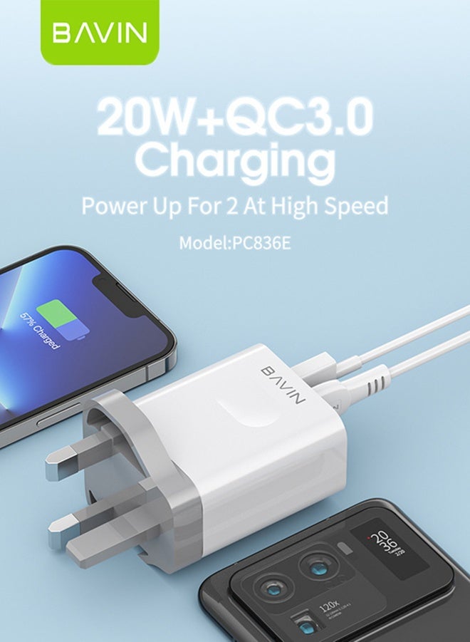 BAVIN 2 in 1 20W Dual Port USB Fast Charger Plug Compact Smart Travel Wall Charger, 2-Port PD 20W USB C QC3.0 Power Adapte, USB C Charger For iPhone 15/15 Pro/15 Pro Max/14/13/12, iPad Pro / AirPods, And More USB-C Cable Included White - Image 3