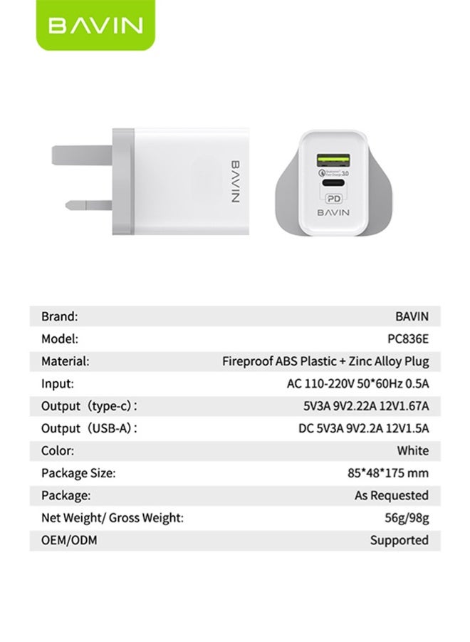 BAVIN 2 in 1 20W Dual Port USB Fast Charger Plug Compact Smart Travel Wall Charger, 2-Port PD 20W USB C QC3.0 Power Adapte, USB C Charger For iPhone 15/15 Pro/15 Pro Max/14/13/12, iPad Pro / AirPods, And More USB-C Cable Included White - Image 2