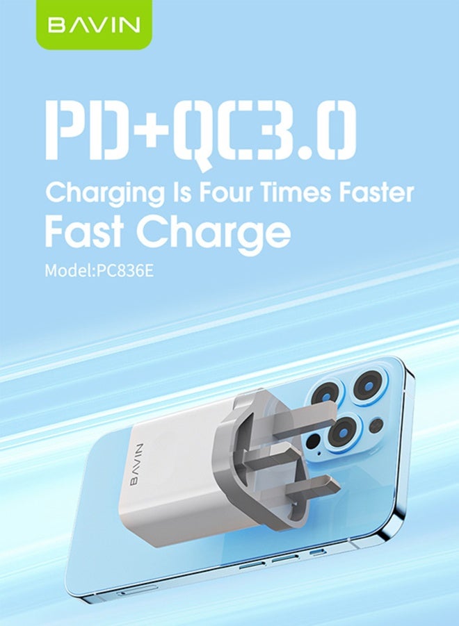 BAVIN 2 in 1 20W Dual Port USB Fast Charger Plug Compact Smart Travel Wall Charger, 2-Port PD 20W USB C QC3.0 Power Adapte, USB C Charger For iPhone 15/15 Pro/15 Pro Max/14/13/12, iPad Pro / AirPods, And More USB-C Cable Included White - Image 5