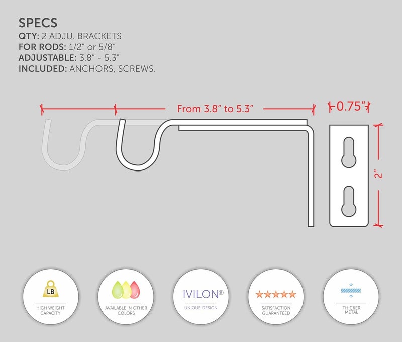 Ivilon Adjustable Brackets for Curtain Rods - for 1/2 or 5/8 Inch Rods. Set of 2 - Warm Gold - Image 3