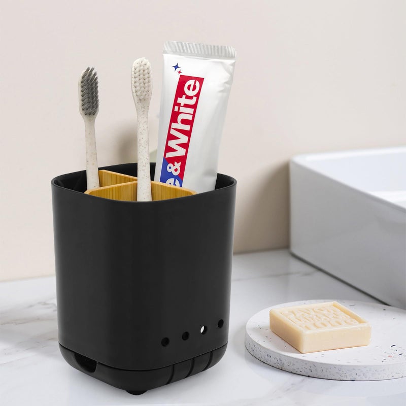 Scartink Toothbrush Holder With Bamboo Divider Detachable For Easy Cleaning Bathroom Countertop Organizer Plastic 3 Slots Electric Toothbrush And Toothpaste Holders Storage Caddy For Bathroom Vanity Sink-Black - Image 2