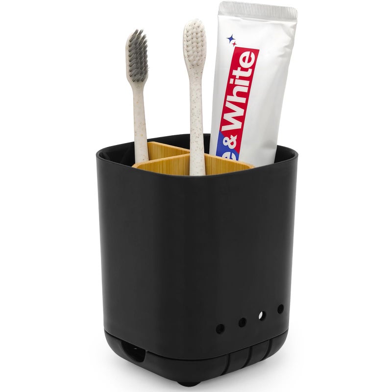 Scartink Toothbrush Holder With Bamboo Divider Detachable For Easy Cleaning Bathroom Countertop Organizer Plastic 3 Slots Electric Toothbrush And Toothpaste Holders Storage Caddy For Bathroom Vanity Sink-Black - Image 1