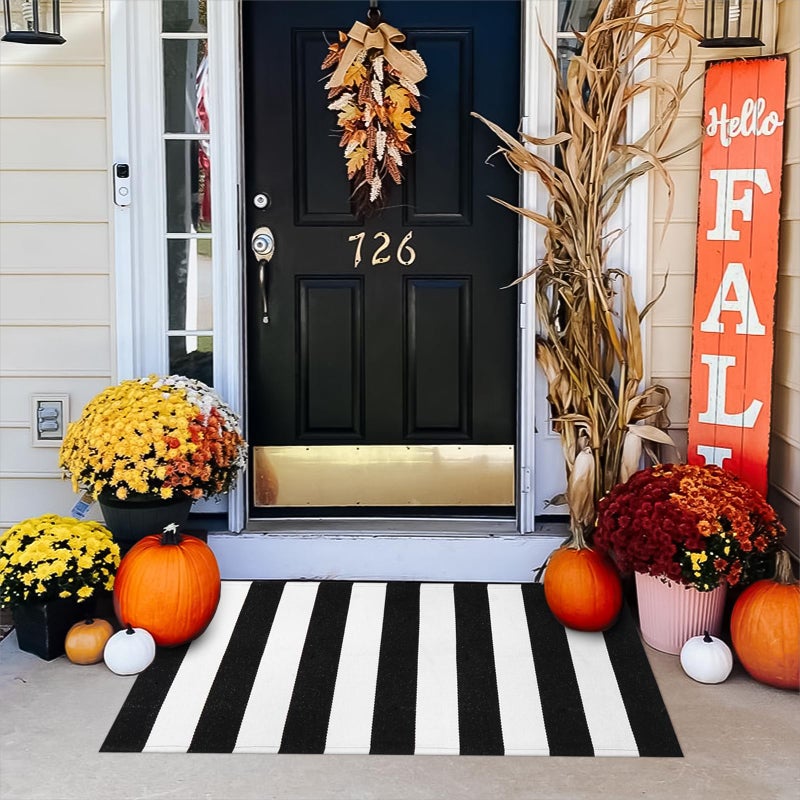 Collive سجادة مخططة أبيض وأبيض في الهواء الطلق 24 "× 51" "القطن المنسوج السقوط السقوط الأمامي سجادة سجادة قابلة للغسل سجادة الباب الأمامية - Image 2