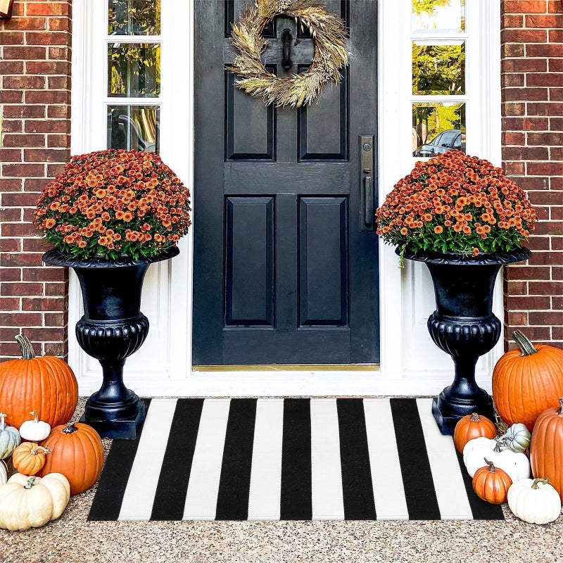 Collive سجادة مخططة أبيض وأبيض في الهواء الطلق 24 "× 51" "القطن المنسوج السقوط السقوط الأمامي سجادة سجادة قابلة للغسل سجادة الباب الأمامية - Image 1