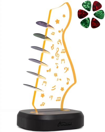 Onmiwod Light Up Guitar Pick Holder with 6 Guitar Picks Real Hardwood Acrylic Music Note Pick Holder Case for Picks Storage Display Guitar Music Accessories Gift for Guitar Player Music Lover - Image 1