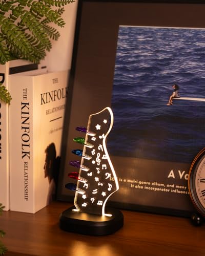 Onmiwod Light Up Guitar Pick Holder with 6 Guitar Picks Real Hardwood Acrylic Music Note Pick Holder Case for Picks Storage Display Guitar Music Accessories Gift for Guitar Player Music Lover - Image 3