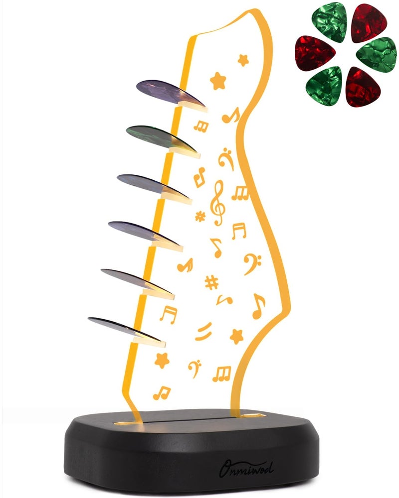 Onmiwod Light Up Guitar Pick Holder with 6 Guitar Picks Real Hardwood Acrylic Music Note Pick Holder Case for Picks Storage Display Guitar Music Accessories Gift for Guitar Player Music Lover - Image 2