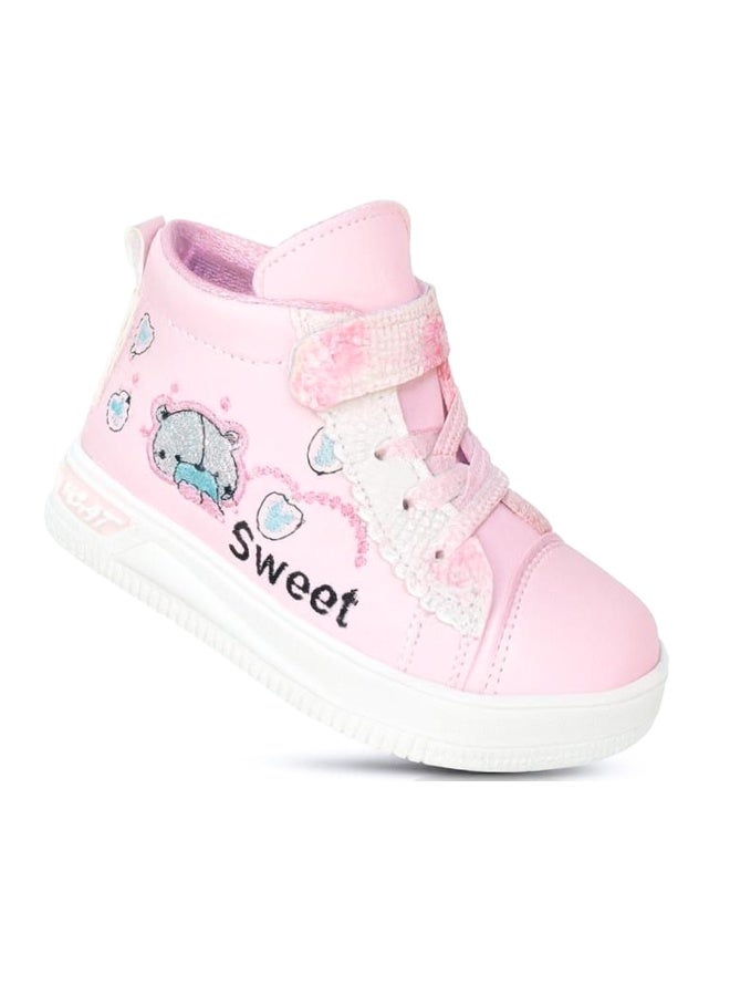 Girls High-Top Sneakers, Embroidered Design, Lightweight & Flexible, Non-Slip Sole, Easy On with elastic Lace & latches