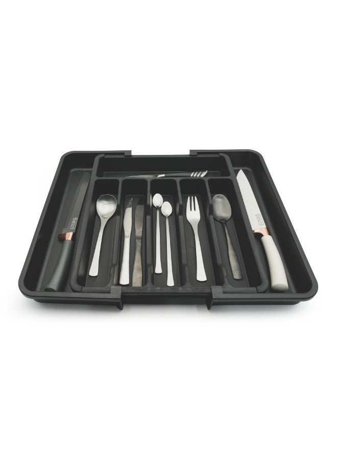 Beram Expandable Kitchen Drawer Organizer Tray – Black 33×37.5×5 cm BPA-Free PP Cutlery Holder for Spoons Forks Knives & Utensils Adjustable Silverware Divider Storage Box for Kitchen Drawers - Image 1