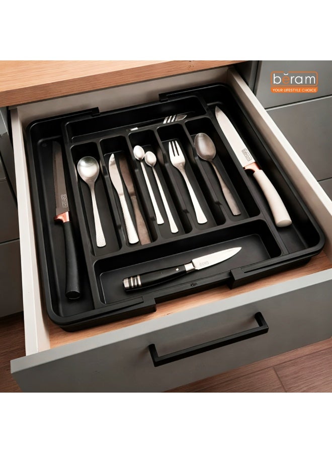 Beram Expandable Kitchen Drawer Organizer Tray – Black 33×37.5×5 cm BPA-Free PP Cutlery Holder for Spoons Forks Knives & Utensils Adjustable Silverware Divider Storage Box for Kitchen Drawers - Image 5