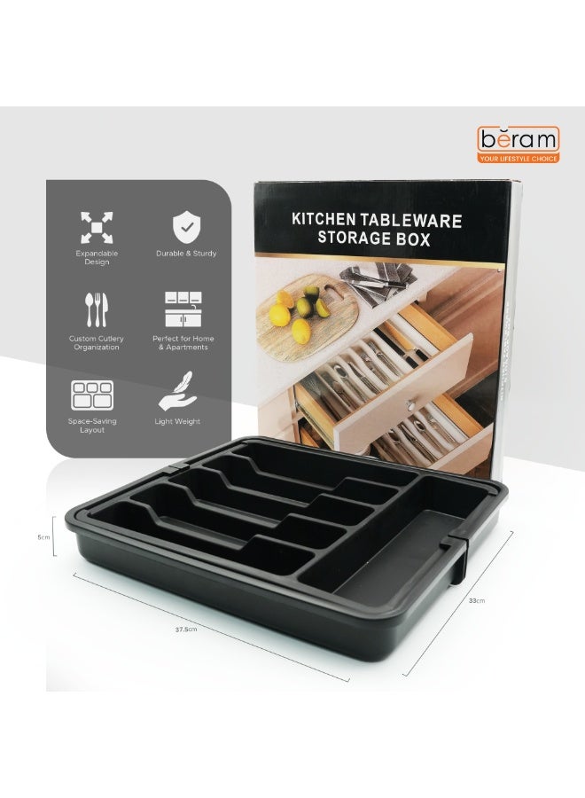 Beram Expandable Kitchen Drawer Organizer Tray – Black 33×37.5×5 cm BPA-Free PP Cutlery Holder for Spoons Forks Knives & Utensils Adjustable Silverware Divider Storage Box for Kitchen Drawers - Image 2