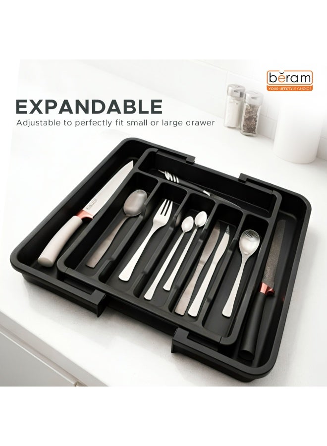 Beram Expandable Kitchen Drawer Organizer Tray – Black 33×37.5×5 cm BPA-Free PP Cutlery Holder for Spoons Forks Knives & Utensils Adjustable Silverware Divider Storage Box for Kitchen Drawers - Image 3