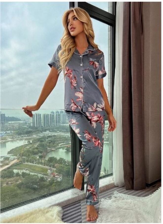 Shein Floral Print Satin Lapel Pajama Set  - Image 1