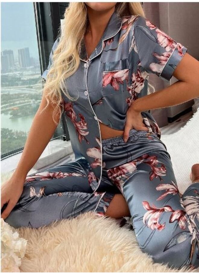 Shein Floral Print Satin Lapel Pajama Set  - Image 5