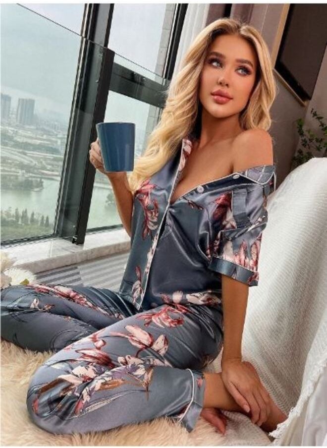 Shein Floral Print Satin Lapel Pajama Set  - Image 2
