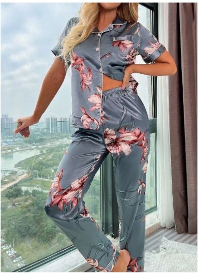 Shein Floral Print Satin Lapel Pajama Set  - Image 4