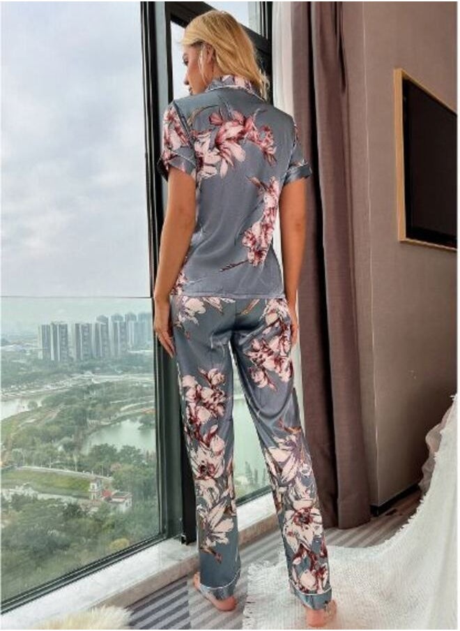 Shein Floral Print Satin Lapel Pajama Set  - Image 3