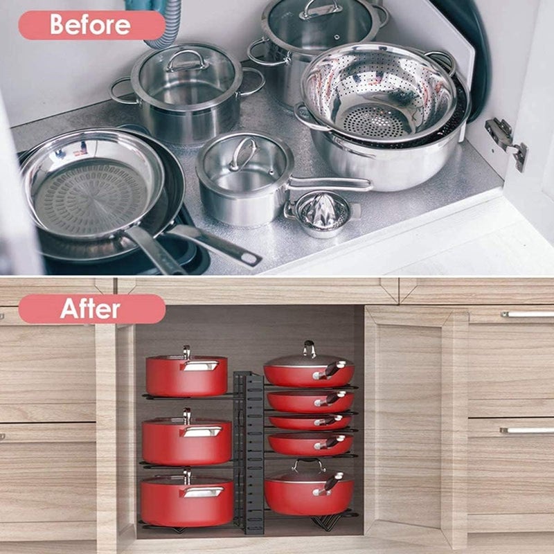 Eesyy Adjustable Pot Pan Organizer Rack, Pot Holder, Cookware Pot Lid Rack with 3 DIY Methods, U Shape Groove, 8 Tiers Pan Organizer Holder Black - Image 5