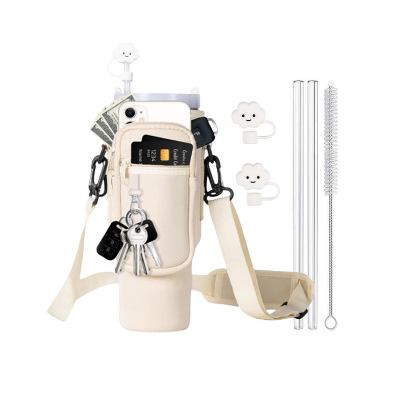 40oz Insulated Cup Sleeve with Car Handle, Cross-body Strap rice white suit 