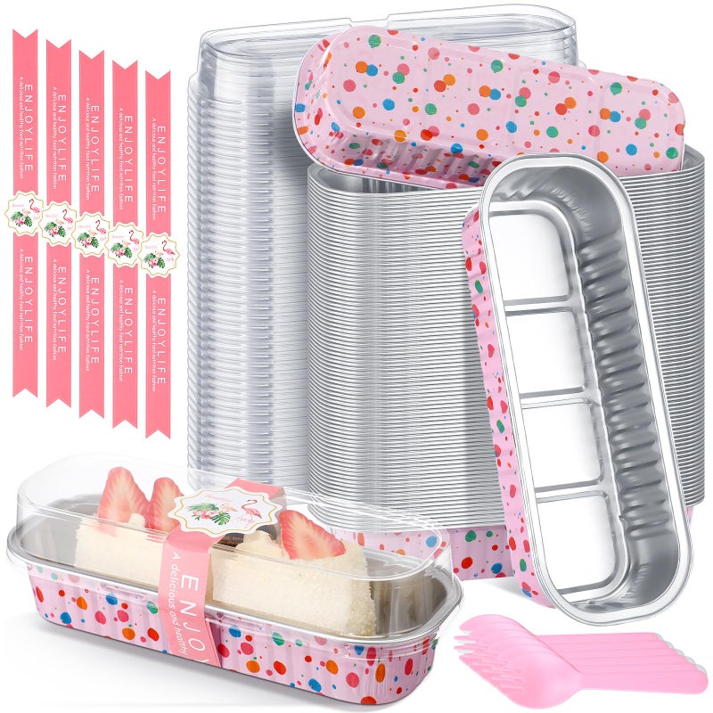 Tioncy 80 Pcs Mini Loaf Pans with Lids and Spoons Bulk Small Cake Pans Disposable Rectangle Aluminum Cake Trays, 6.8 oz Individual Bread Containers for Wedding Baby Shower Birthday Party (Cute) - Image 1