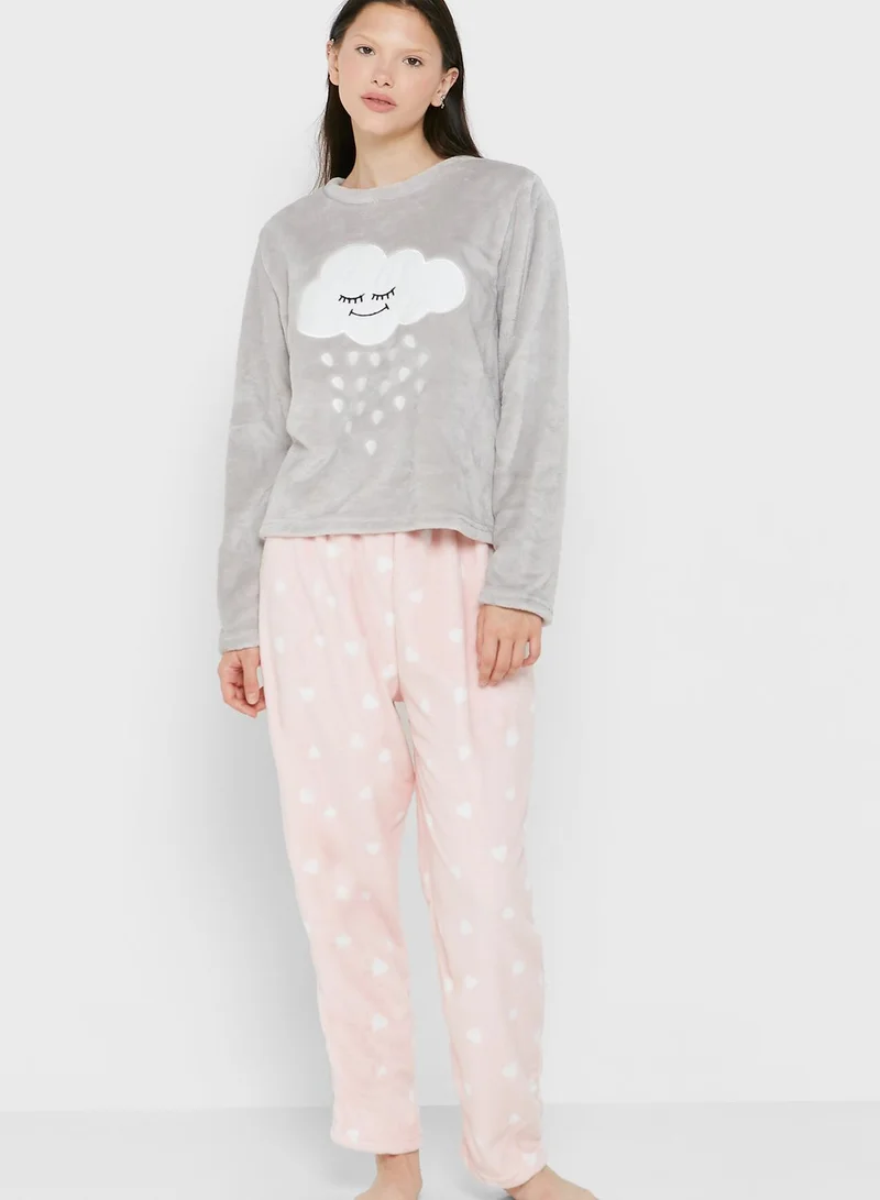 Ginger Cloud Print Fluffy Pyjama Set