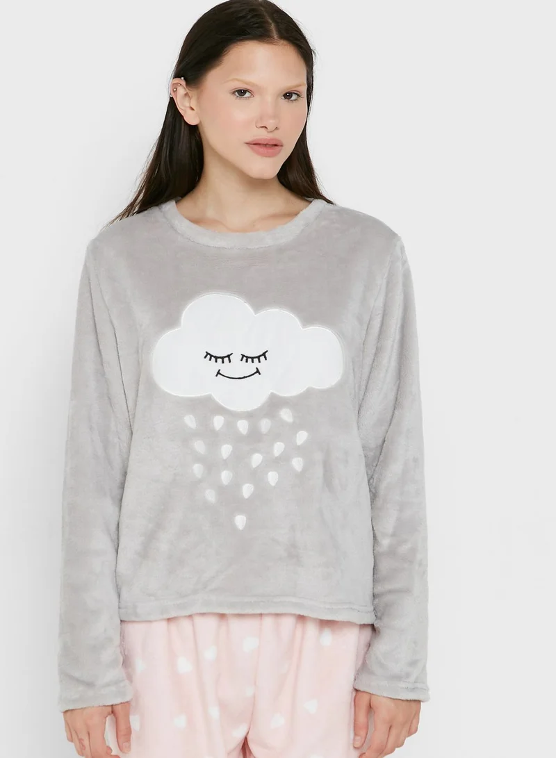 Ginger Cloud Print Fluffy Pyjama Set