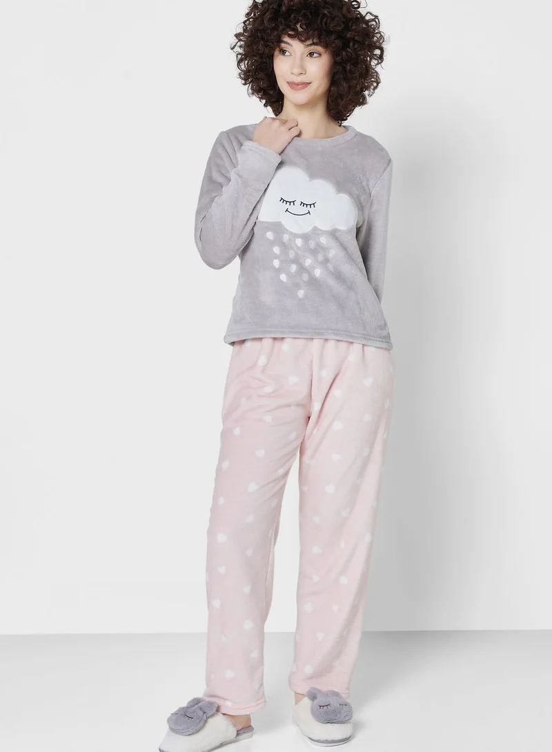 Ginger Cloud Print Fluffy Pyjama Set