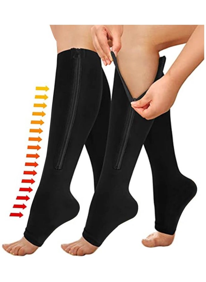 Generic 1 Pair Compression Socks for Women & Men with Zipper, Medical Open Toe Calf Knee High Compression Stocking for Walking,Running Circulation Support(black)  - Image 2