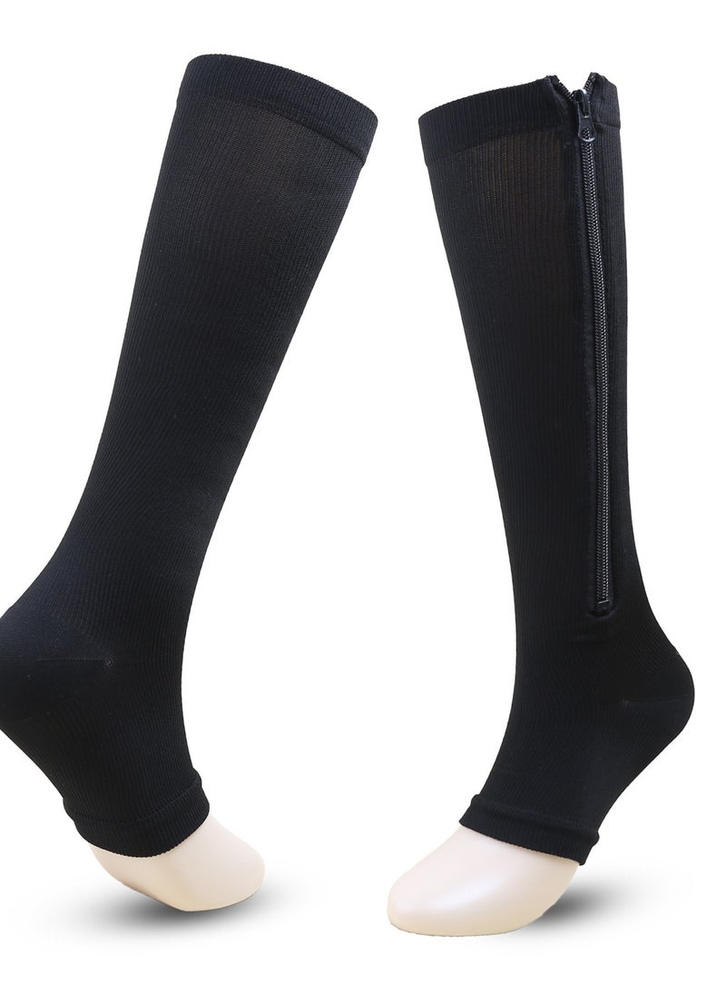 Generic 1 Pair Compression Socks for Women & Men with Zipper, Medical Open Toe Calf Knee High Compression Stocking for Walking,Running Circulation Support(black)  - Image 1