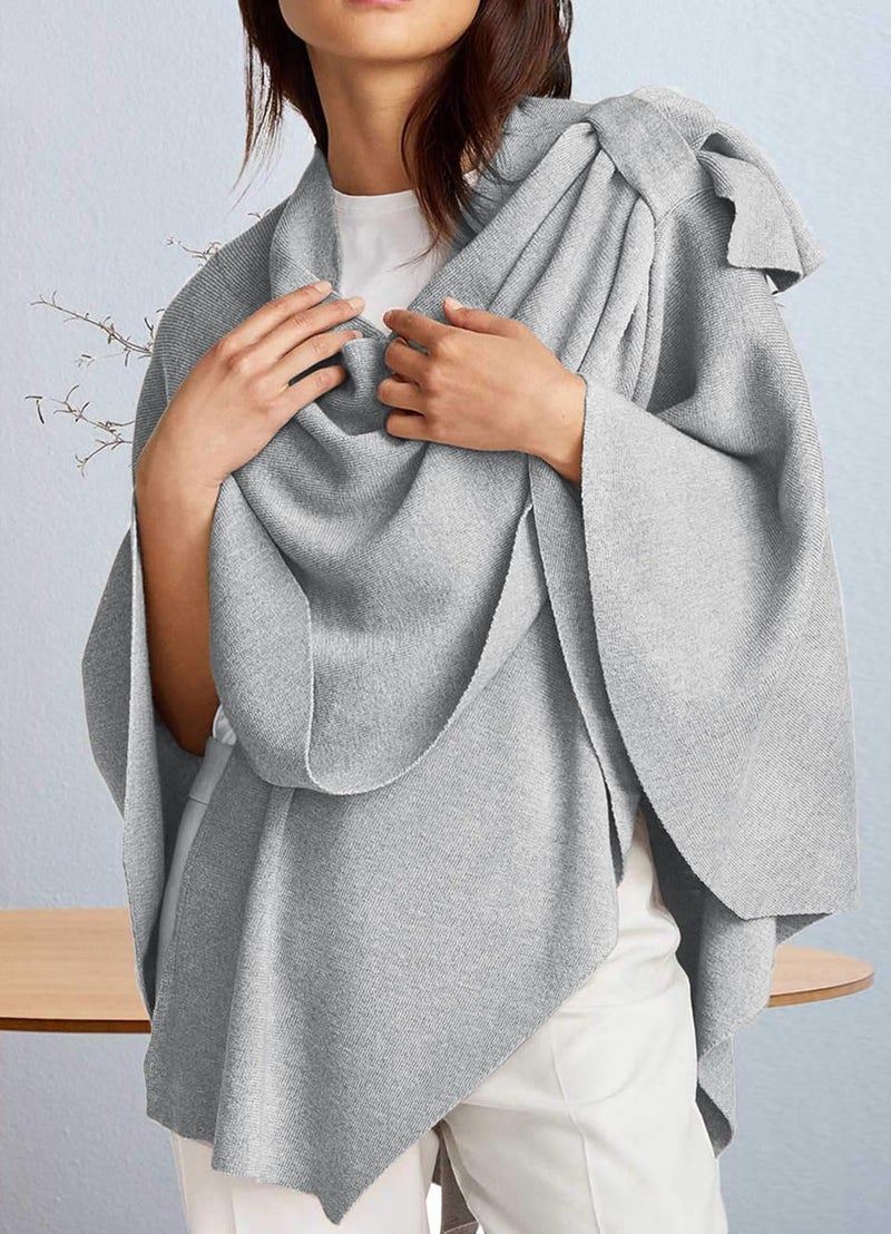 PULI Womens Grey Large Cross Front Poncho Sweater Wrap Topper Knitted Elegant Shawls Cape for Fall Winter - Image 5