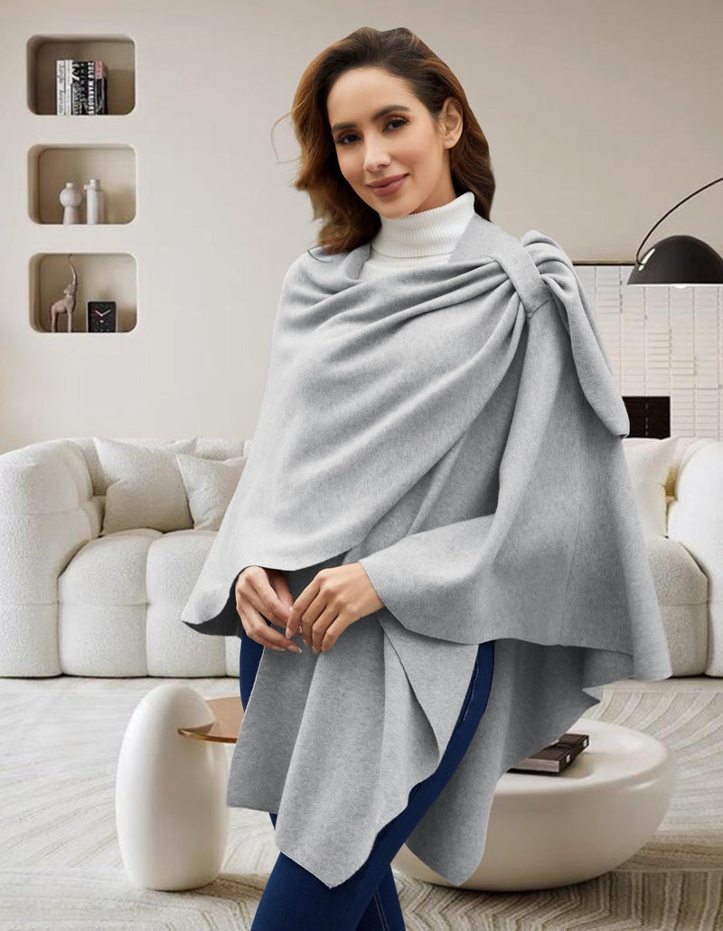PULI Womens Grey Large Cross Front Poncho Sweater Wrap Topper Knitted Elegant Shawls Cape for Fall Winter - Image 2