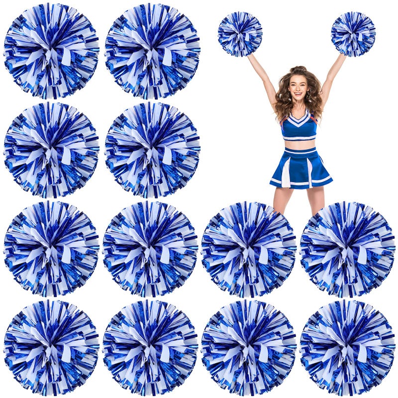 Deekin 12 Pcs Cheerleading Pom Poms Cheerleader Squad Spirited Fun Pompoms 12 Inch Metallic Foil Cheer Pom Poms with Handle Flowers for Sport Team Dance Costume Party 50g Weight EachBlue and White - Image 2