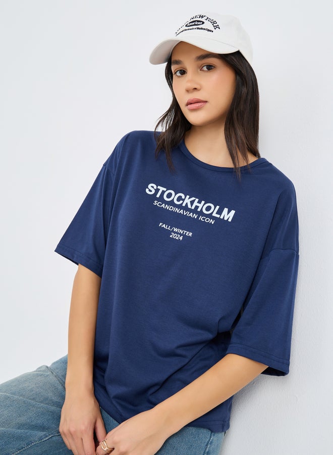 Styli Slogan Print Round Neck Oversized T-Shirt - Image 1