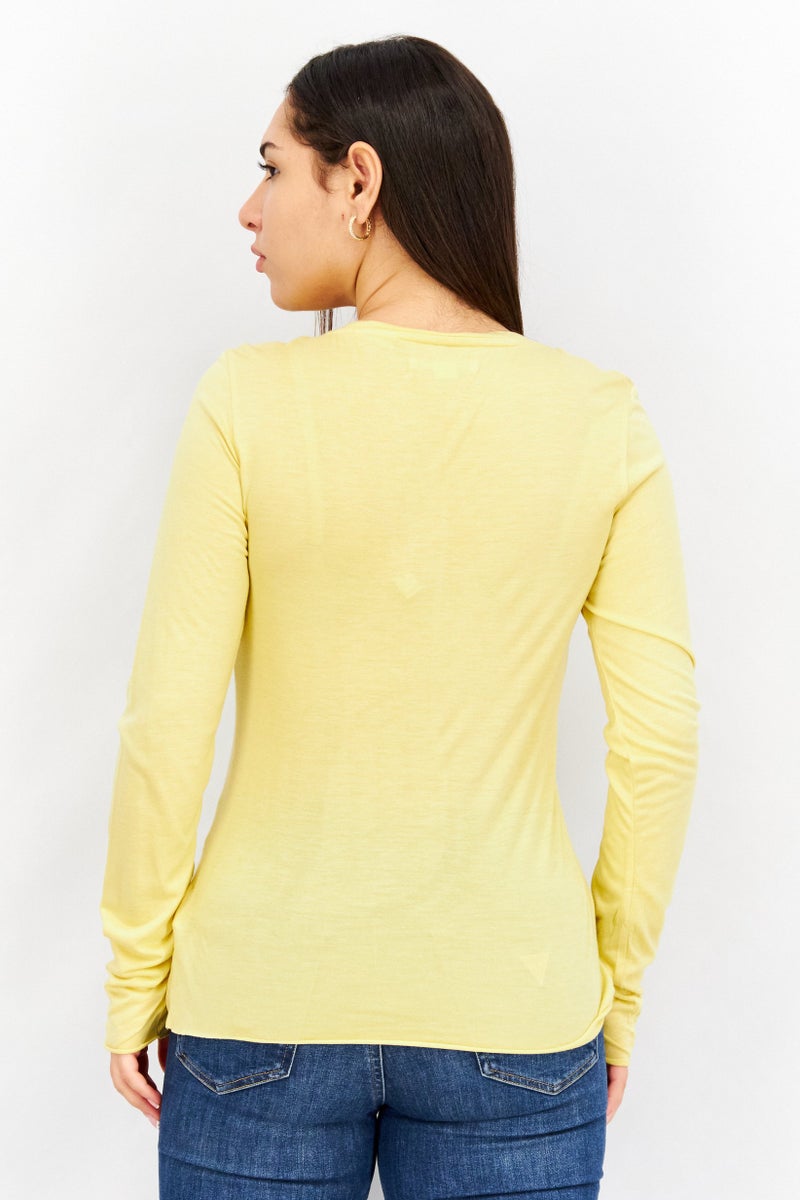 Timberland Women V-Neck Long Sleeves Embroidered Logo Blouse, Yellow  - Image 3