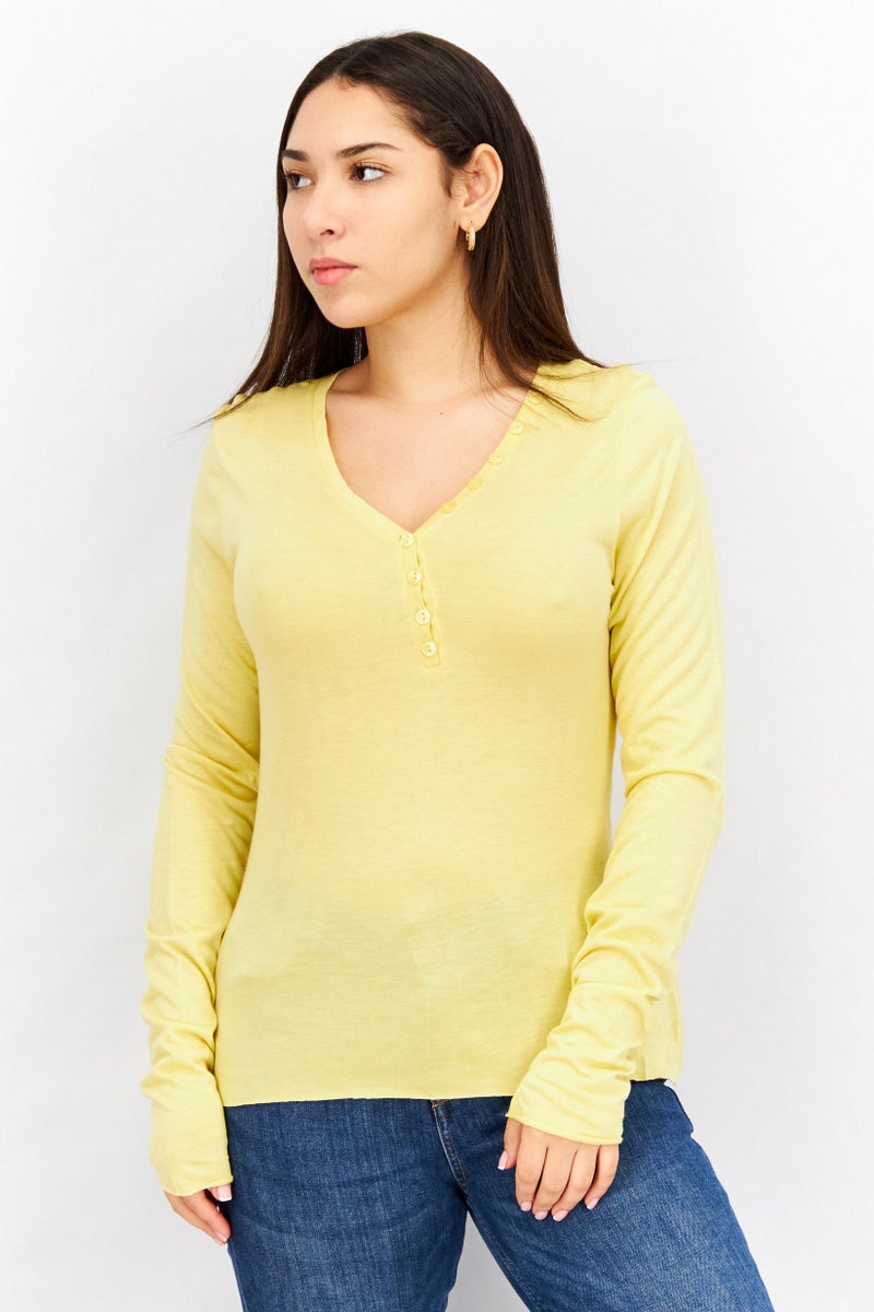 Timberland Women V-Neck Long Sleeves Embroidered Logo Blouse, Yellow  - Image 1