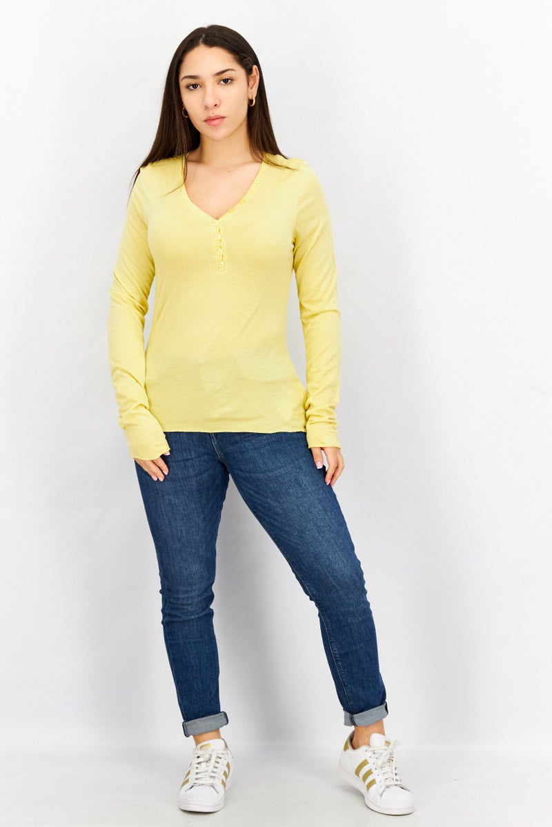 Timberland Women V-Neck Long Sleeves Embroidered Logo Blouse, Yellow  - Image 4