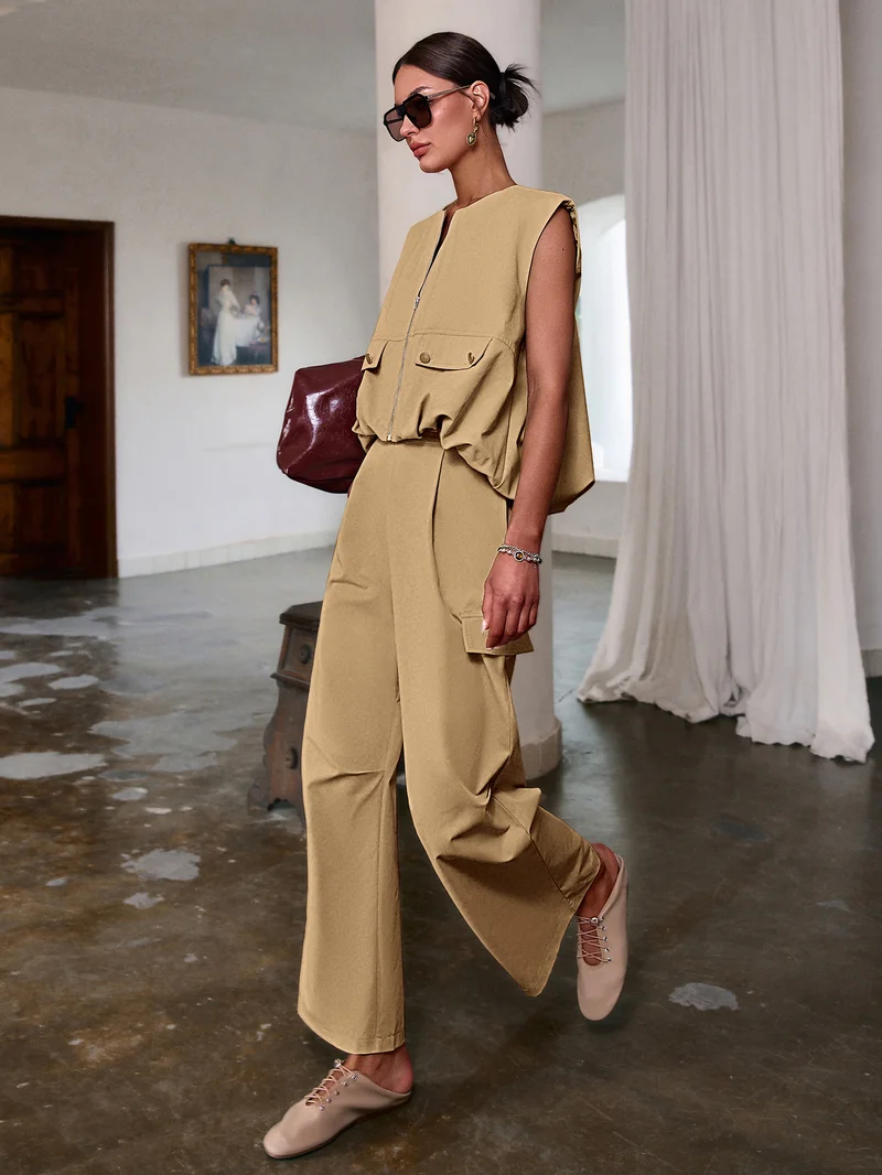 Simplee Lapel Sleeveless Vest Top & High Waist Straight Leg Trousers Set, Modest Office Wear