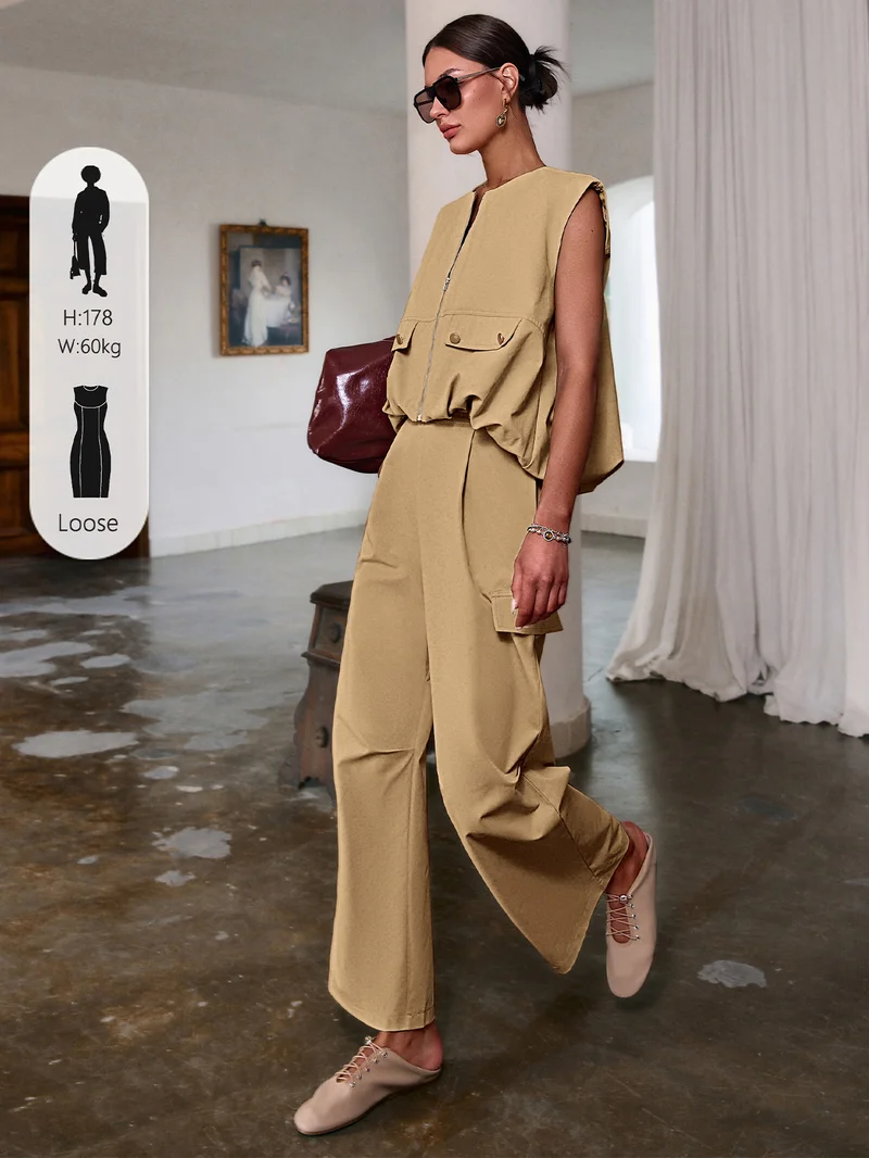 Simplee Lapel Sleeveless Vest Top & High Waist Straight Leg Trousers Set, Modest Office Wear