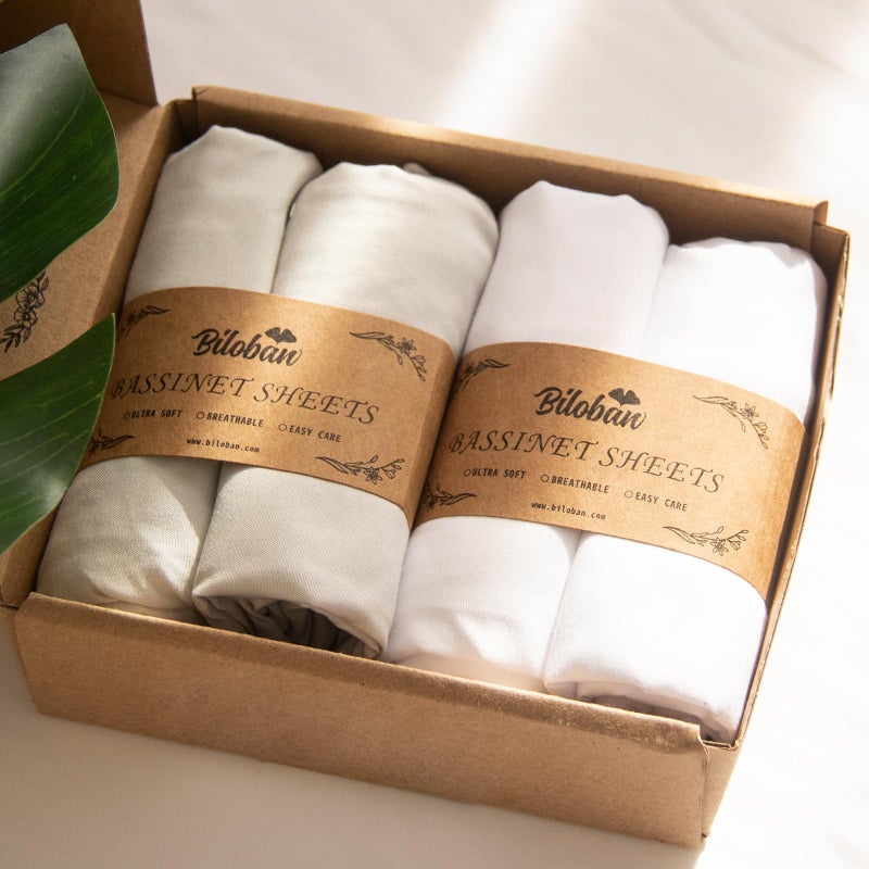 Biloban Baby Bassinet Sheets 4 Pack Compatible with SNOO Smart Sleeper and Chicco LullaGo Anywhere Portable Bassinet, Ultra Soft & Skin-Friendly, Grey and White - Image 1