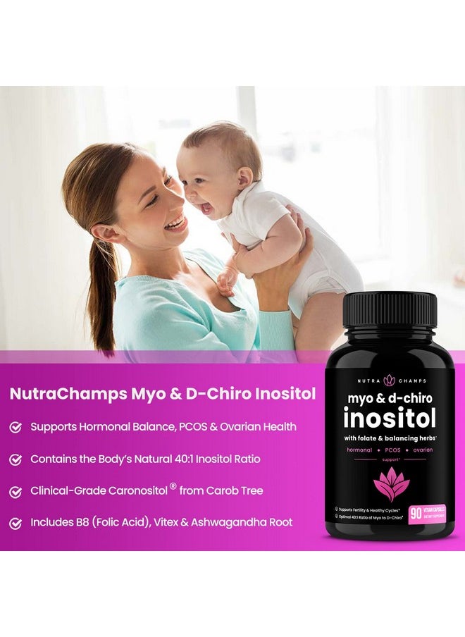 NutraChamps - مكمل ميواينوزيتول ودشيرو إينوزيتول [نسبة 40:1] مسحوق فيتامين ب8 معزز بفيتامين فيتكس وحمض الفوليك؛ دعم المبيض ومتلازمة تكيس المبايض + الخصوبة وتوازن الهرمونات للنساء والرجال؛ 90 كبسولة نباتية - Image 1