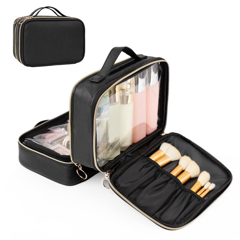 OCHEAL Makeup Bag, Double Layer Cosmetic Bag, Large Capacity New Look Clear Cosmetic Case for Women Travel Beauty Essentials, Multiple Compartments Makeup Case Organizer Zipper Pouch -Black - Image 1
