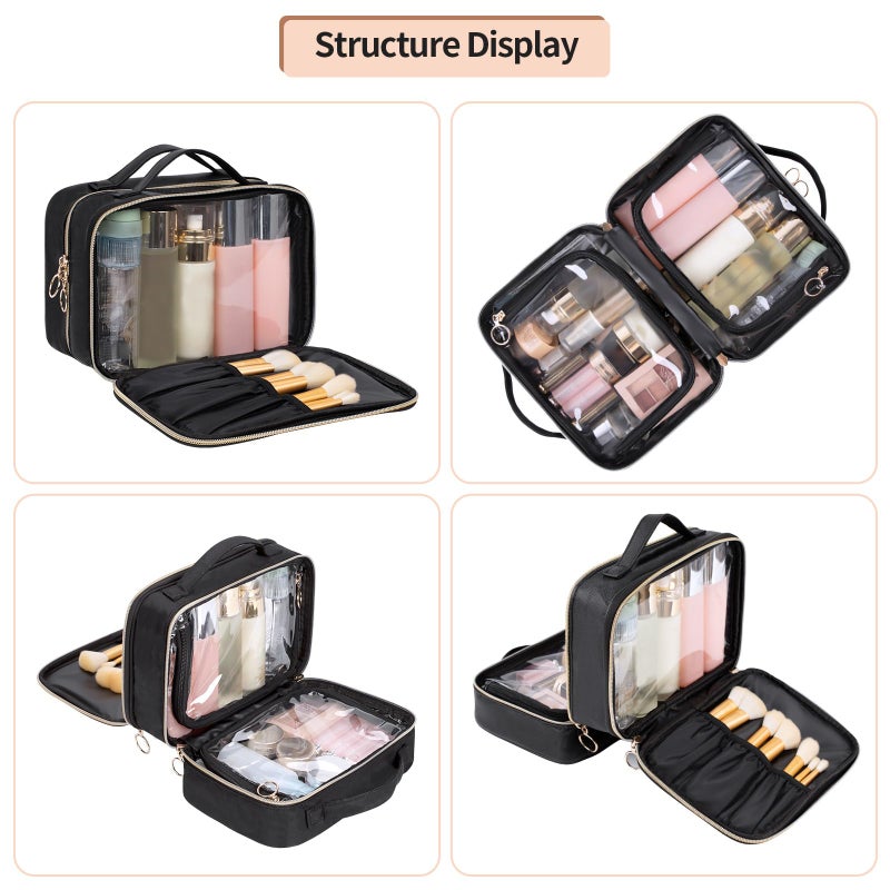 OCHEAL Makeup Bag, Double Layer Cosmetic Bag, Large Capacity New Look Clear Cosmetic Case for Women Travel Beauty Essentials, Multiple Compartments Makeup Case Organizer Zipper Pouch -Black - Image 2